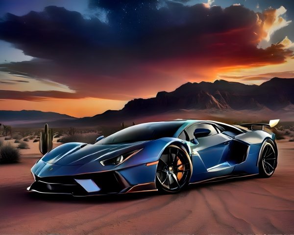 Futuristic sports car in desert at sunset scenery