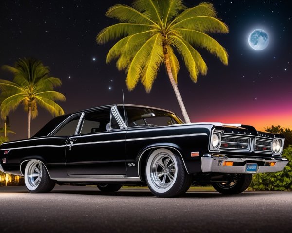 Black Muscle Car Under Starry Sky and Sunset