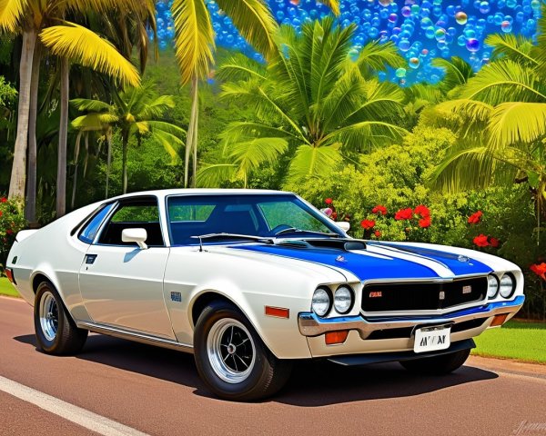 1970s Muscle Car with White Exterior and Racing Stripes
