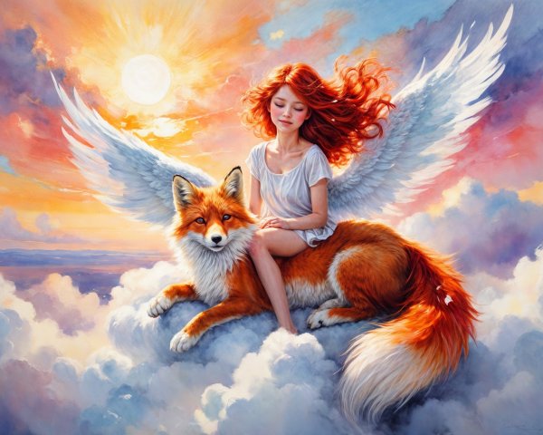 Whimsical Girl on Winged Fox in Sunset Sky