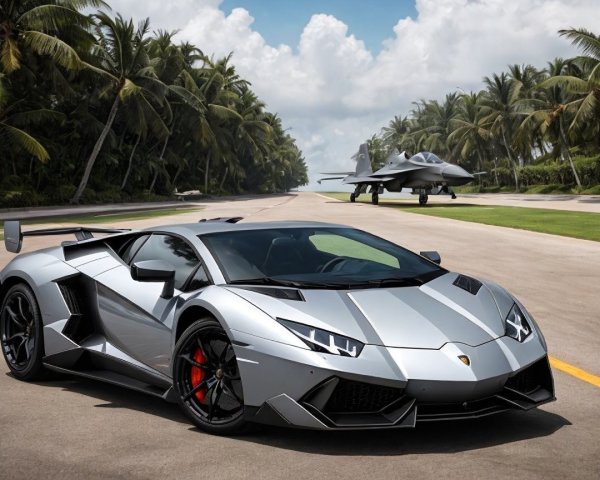 Sleek Silver Lamborghini on Palm-Lined Runway