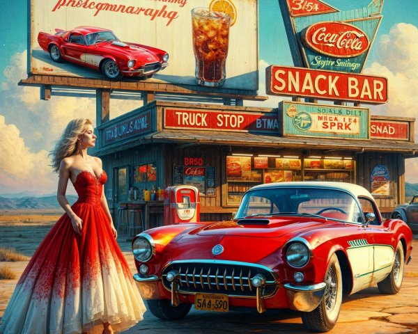Glamorous Woman in Red Dress by Classic Corvette