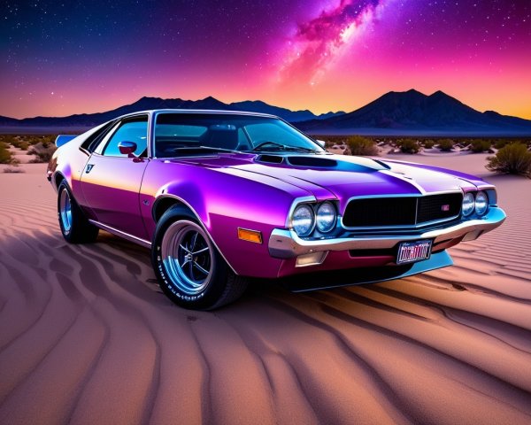 Vibrant Purple Classic Car in Desert at Sunset