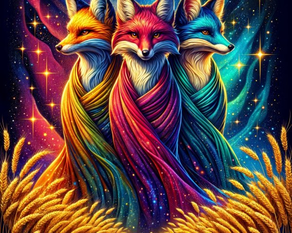 Stylized foxes in vibrant robes against a cosmic backdrop