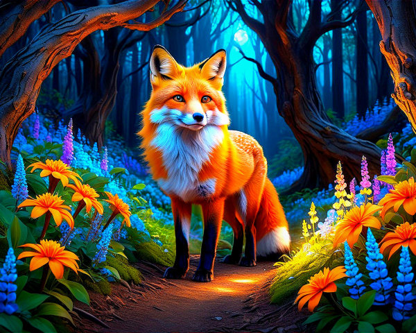 Orange Fox on a Winding Path in a Vibrant Forest