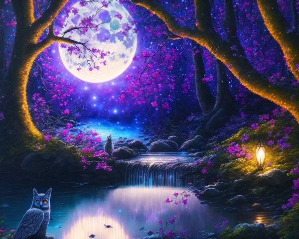 Mystical Moonlit Landscape with Vibrant Flora and Owl