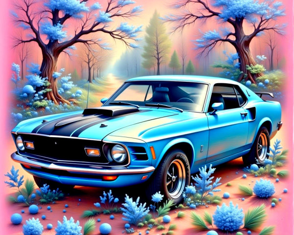 Vintage Blue Muscle Car in Whimsical Landscape