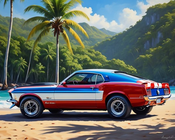 Classic Car on Sandy Beach with Tropical Landscape