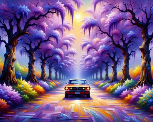 Surreal Landscape with Vibrant Trees and Classic Car