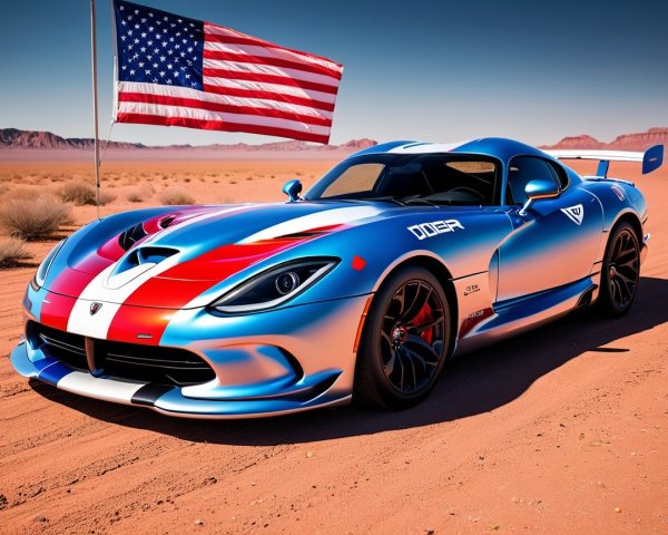 Modified Sports Car with American Flag in Desert