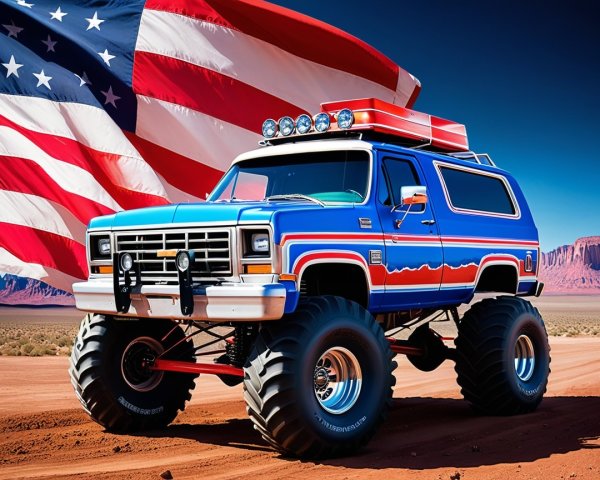 Vintage Monster Truck with American Flag Backdrop