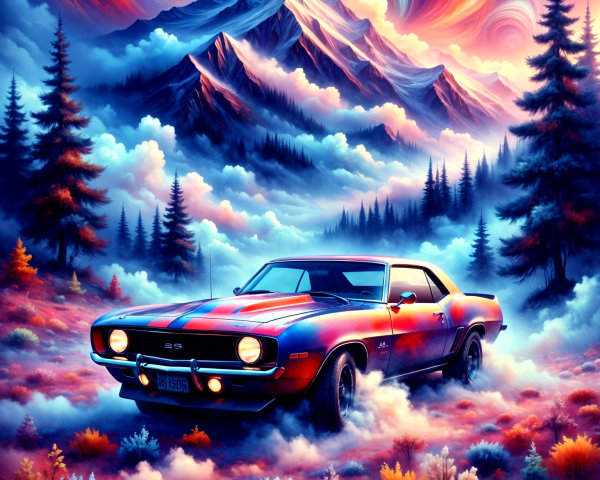 Vibrant Landscape with Classic Muscle Car and Mountains