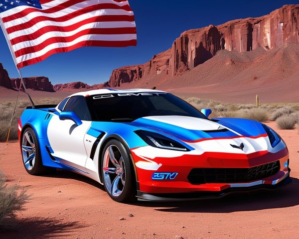 Vibrant Sports Car in Desert with American Flag
