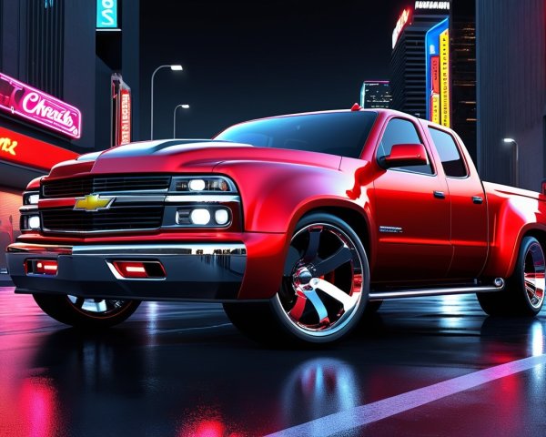 Red Chevrolet Pickup Truck in Urban Night Scene