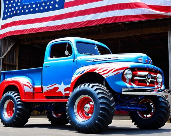 Custom Vintage Pickup Truck with American Flag Backdrop
