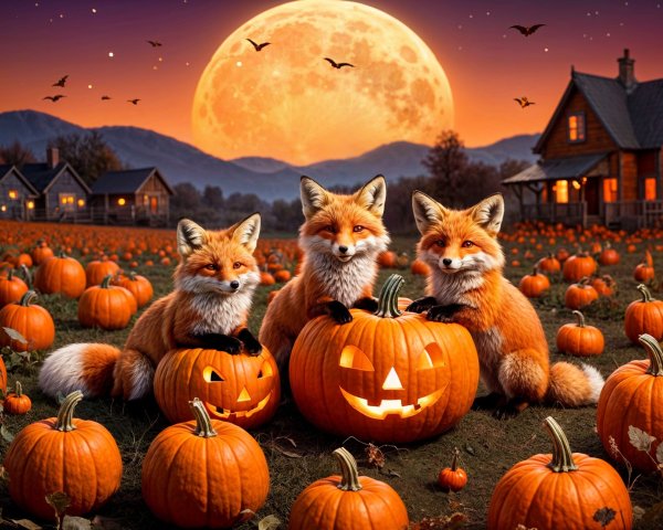 Animated foxes in a vibrant pumpkin patch at night