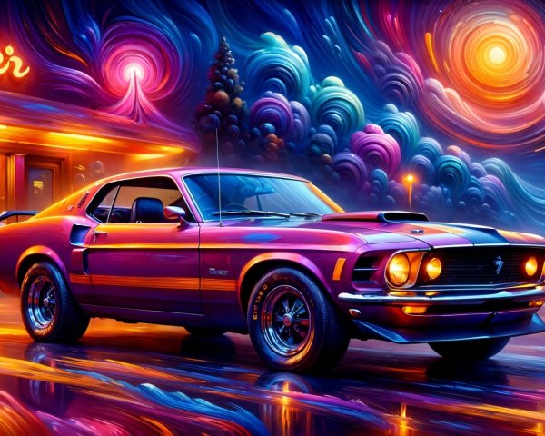 Psychedelic Scene with 1960s Muscle Car and Diner