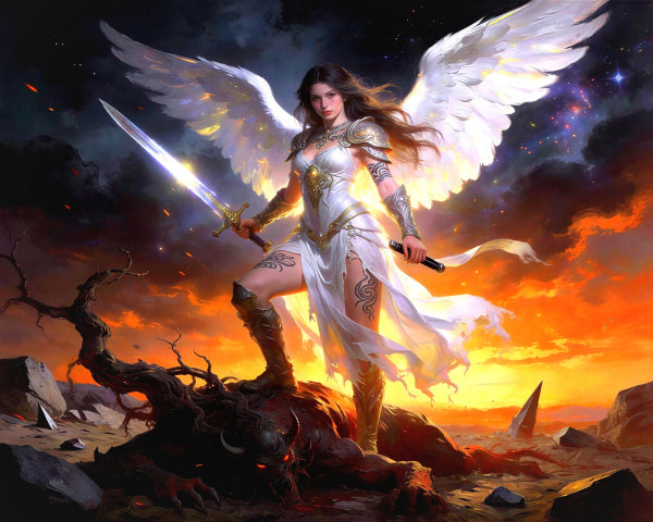 Armored Angel Defeats Demon in Cosmic Sunset Scene