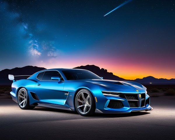 Blue Sports Car Against Vibrant Sunset Landscape