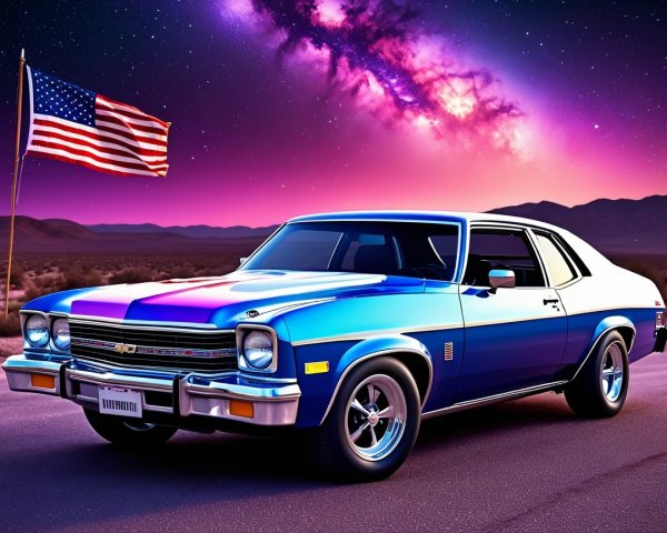 Vintage Chevy Nova on Desert Road with Cosmic Sky