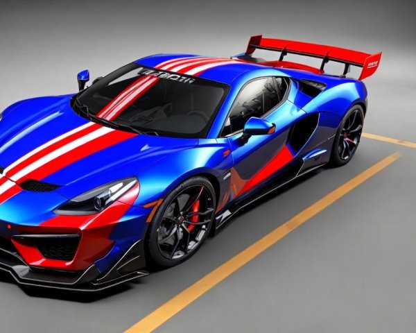 Vibrant Blue and Red Sports Car with Racing Stripes