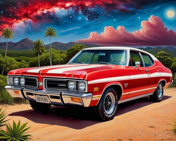 Vibrant Red Classic Car in Tropical Landscape