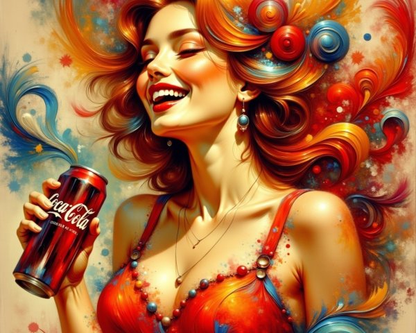 Vibrant Illustration of a Joyful Woman with Coca-Cola