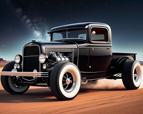 Classic Black Pickup Truck in Desert Landscape