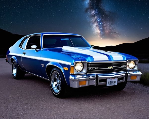 Classic Muscle Car in Night Setting with Blue Body
