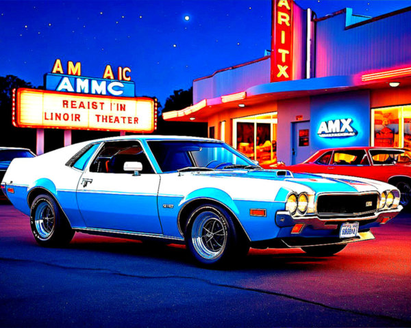1970s Classic Car by Vintage Theater with Neon Marquee