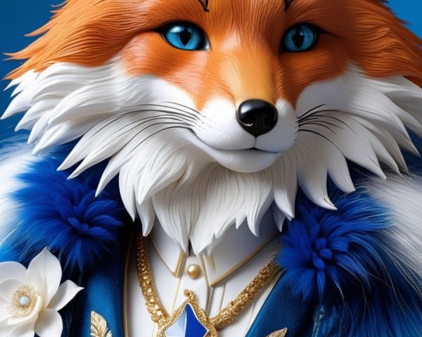 Stylized anthropomorphic fox in elegant blue attire