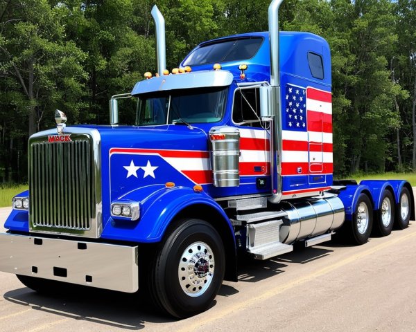 Blue Mack Truck with American Flag Design and Chrome Accents