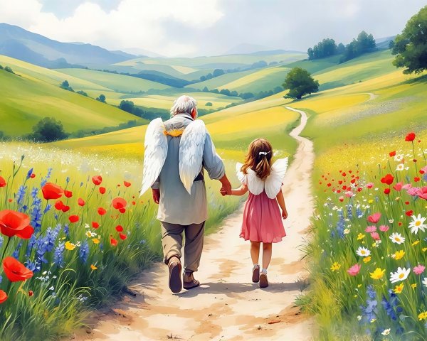 Old man and girl with angel wings in a meadow