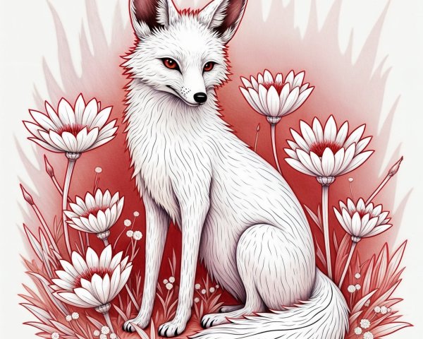 Illustration of a white fox among colorful flowers
