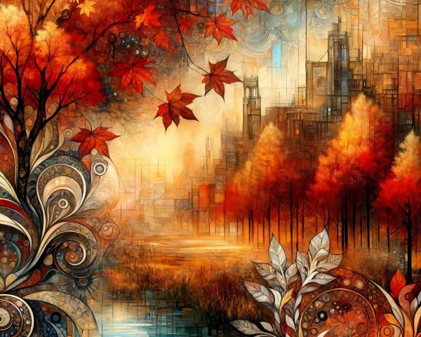 Vivid Autumn Landscape with Colorful Foliage and Cityscape