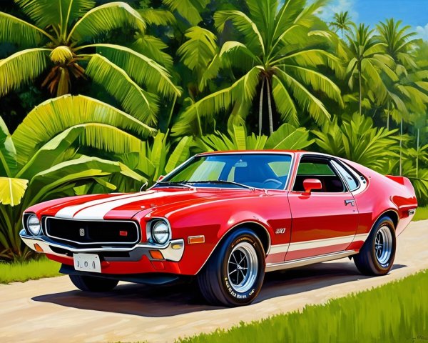 Vibrant Red Sports Car Amid Tropical Palm Trees