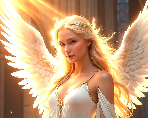 Blonde Angelic Figure with Luminous Wings and Halo