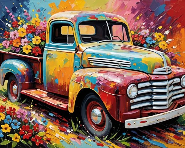 Vintage Truck with Colorful Flowers in Nostalgic Style