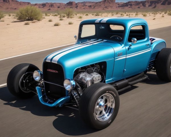 Vintage Hot Rod Truck on Desert Road with Racing Stripes