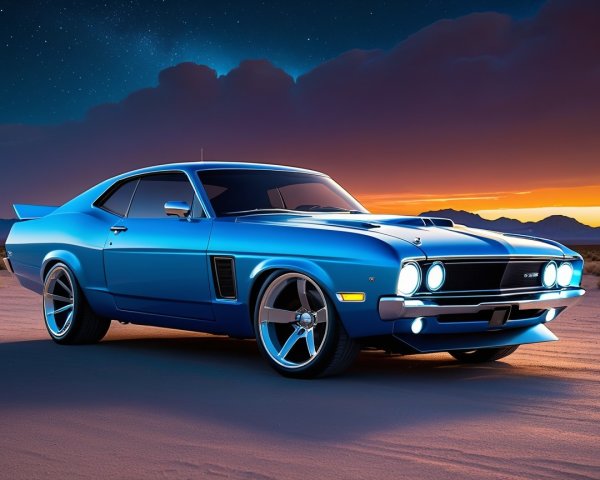 Classic Muscle Car Against Sunset in Vibrant Blue