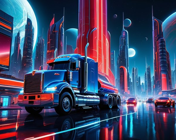 Futuristic Truck in Neon-Lit Sci-Fi Cityscape
