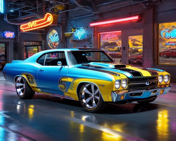 Classic Car in Retro Garage with Neon Lights