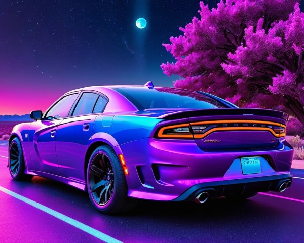 Dodge Charger on a deserted road under colorful dusk sky