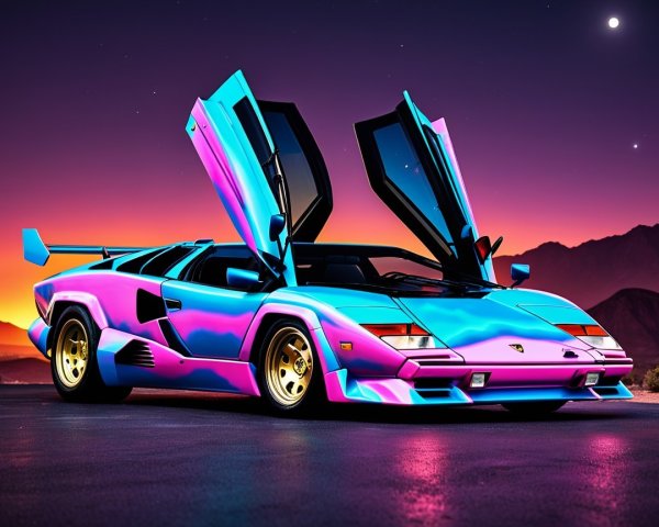 Retro-Futuristic Lamborghini in Pink and Blue at Sunset