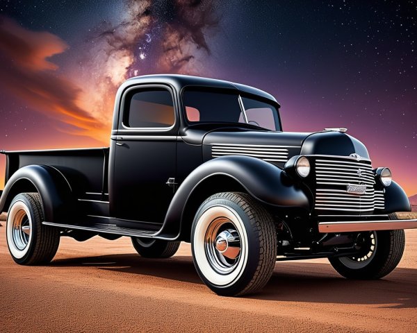 Classic Black Pickup Truck on Dusty Road at Night