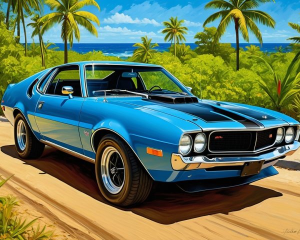 Vibrant Blue Classic Car Amidst Tropical Palm Trees