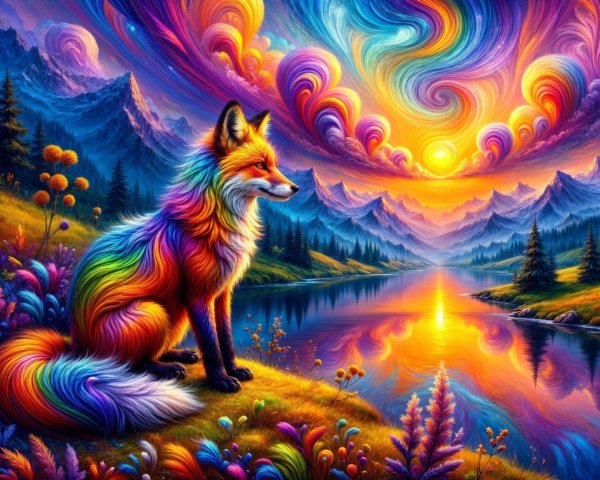 Colorful Fox by Serene Lake at Sunset