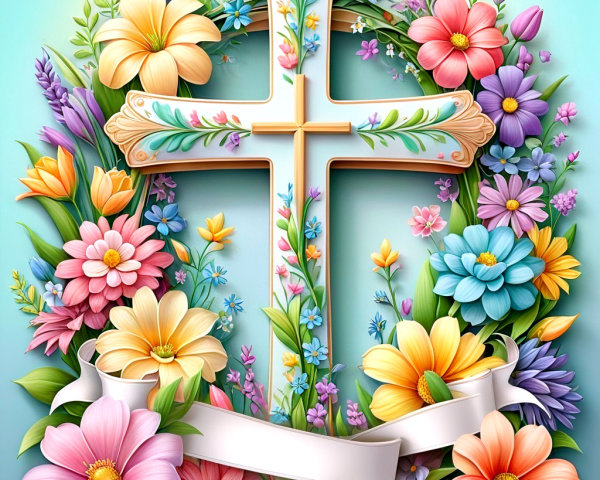 Colorful Floral Cross Design with Blank Ribbon