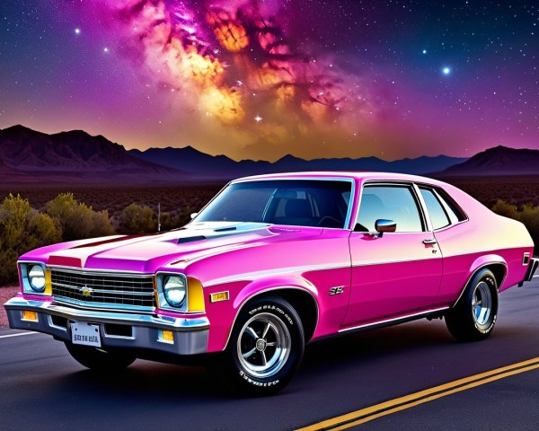 Classic Chevy Nova with Pink Paint in Cosmic Setting