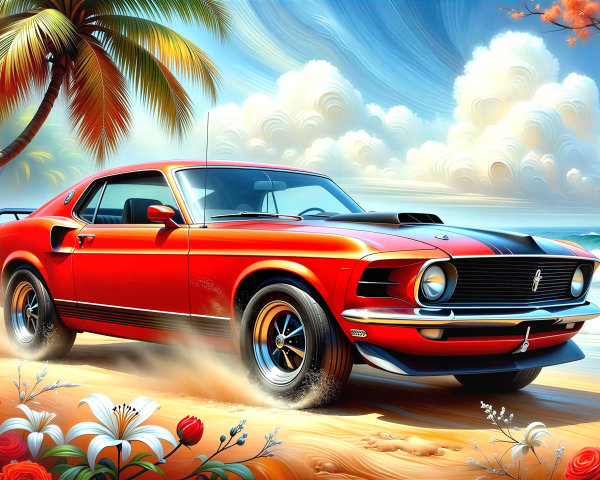 1969 Ford Mustang Mach 1 in Anime Style on Beach